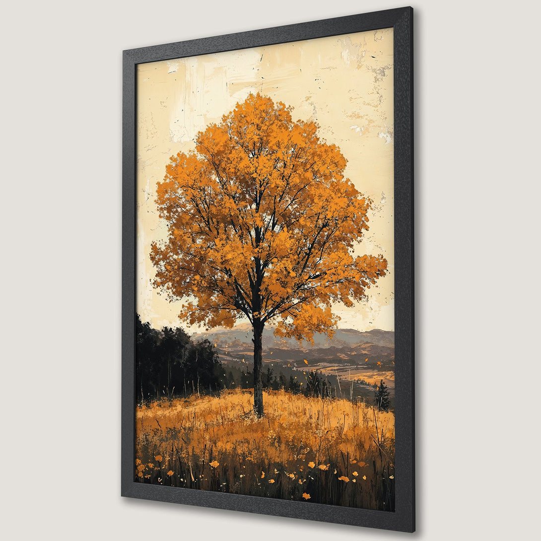 Framed Poster featuring a vibrant autumn tree in a warm, painterly style. Earthy tones of orange, yellow, and black create a cozy landscape.