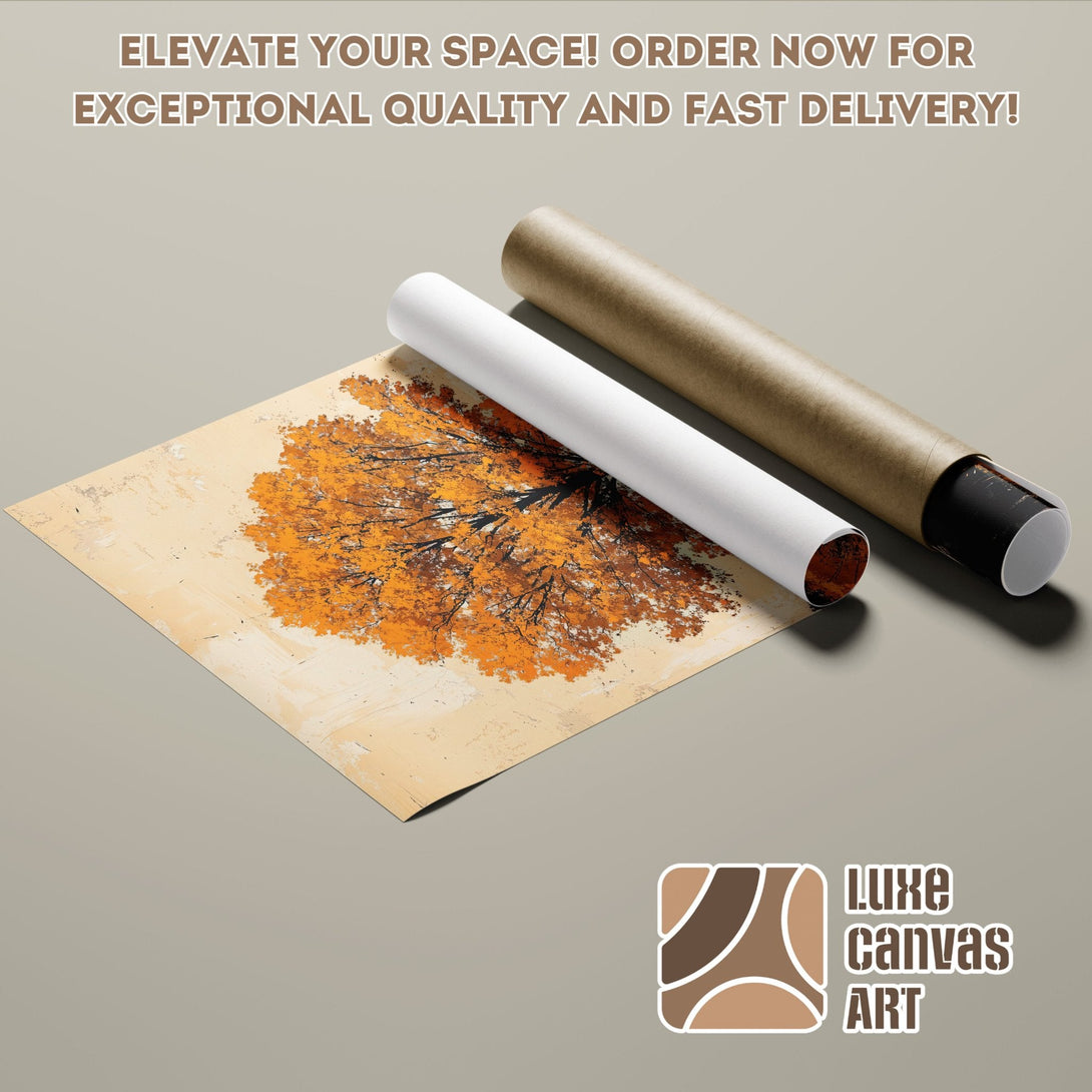 Autumn tree art poster roll. Warm orange and beige tones, abstract style. Elevate your space!