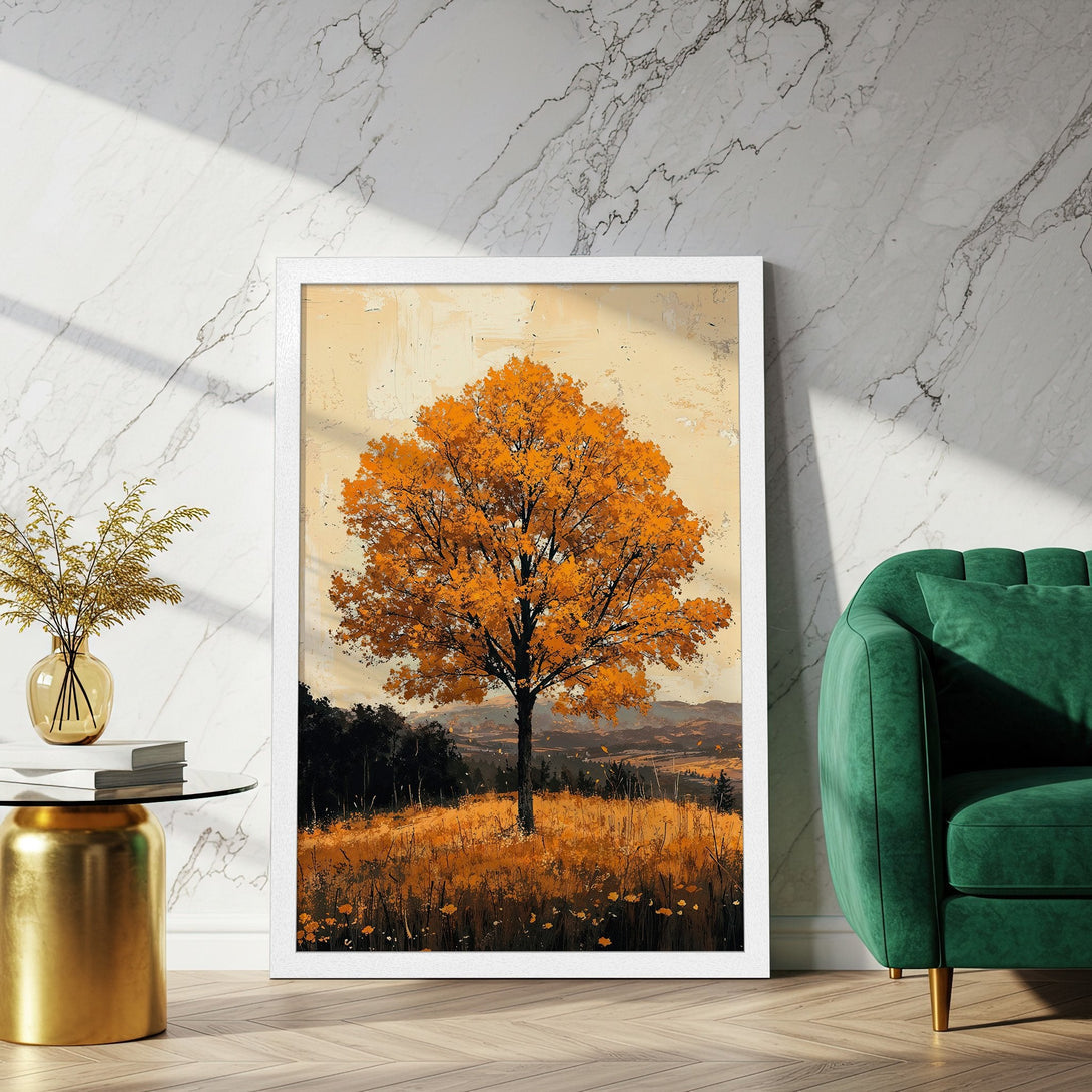Framed Poster featuring an autumn tree in a warm, painterly style with a golden color palette. Perfect for wall decor!