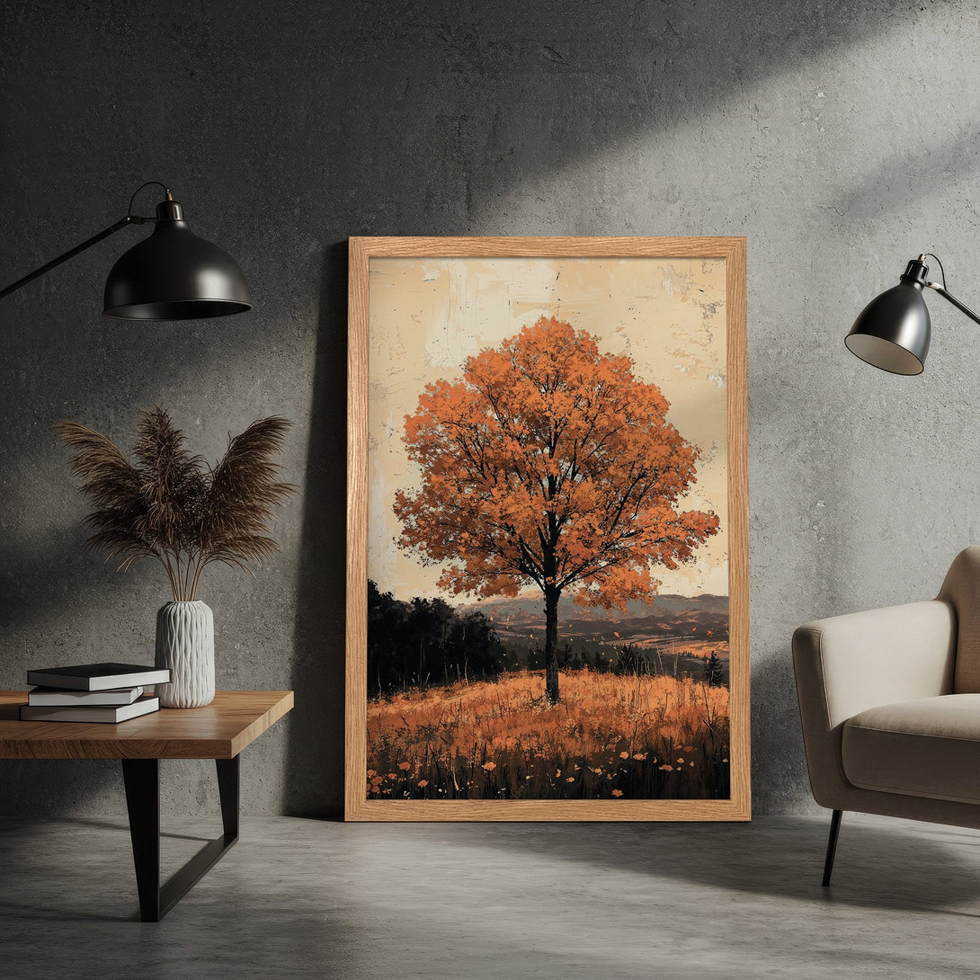 Framed Poster featuring an autumn tree in a field. Warm color palette with orange, beige, and brown tones. Rustic art style.
