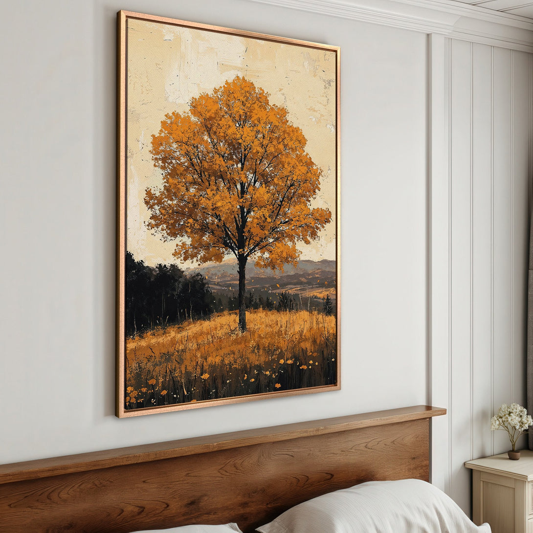 Framed Wall Art: Autumn tree landscape in warm orange and gold tones. Rustic style canvas print adds cozy charm to any room.