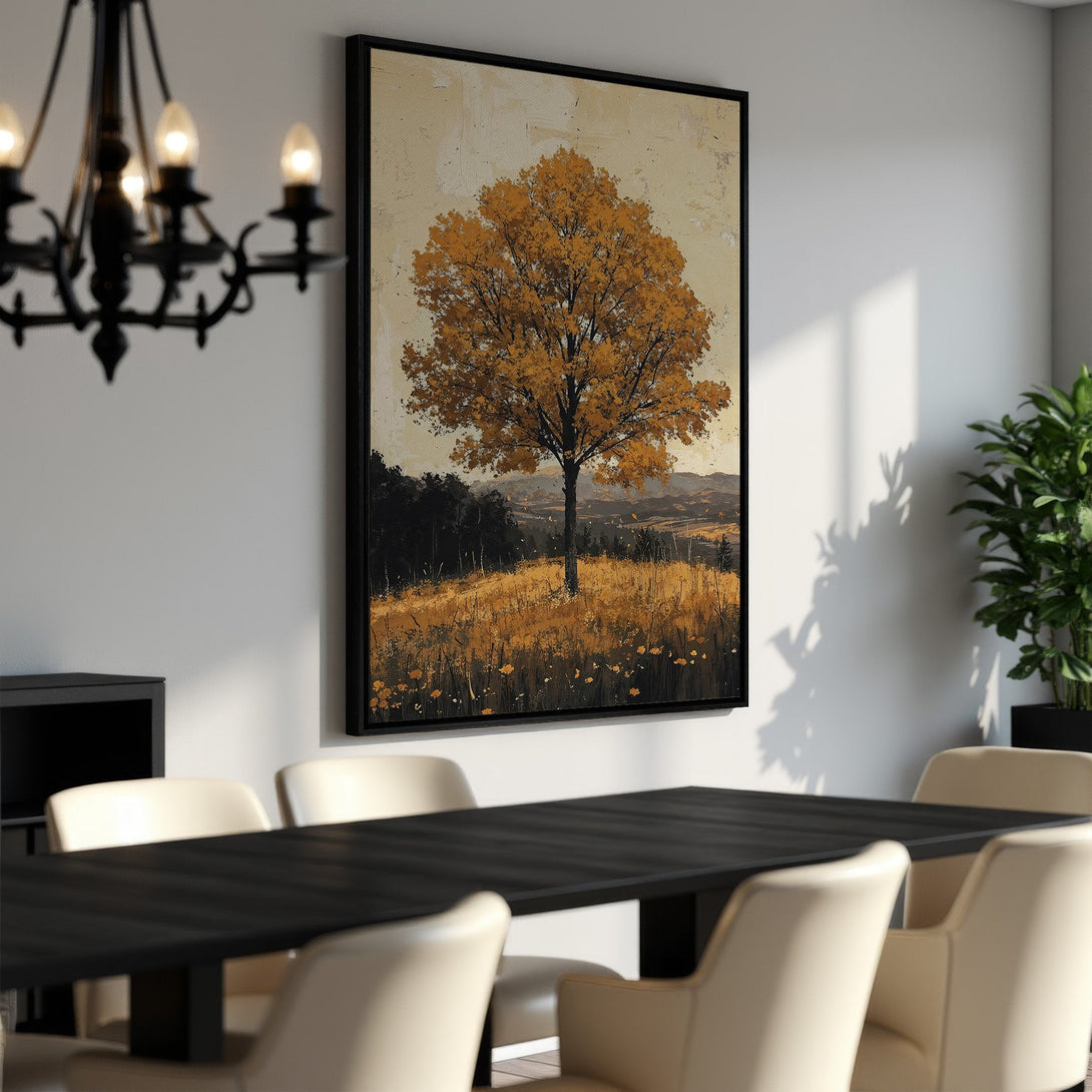 Framed Wall Art: Abstract autumn tree canvas print in warm gold and black, perfect for dining rooms. Enhance your space with this stunning landscape art.