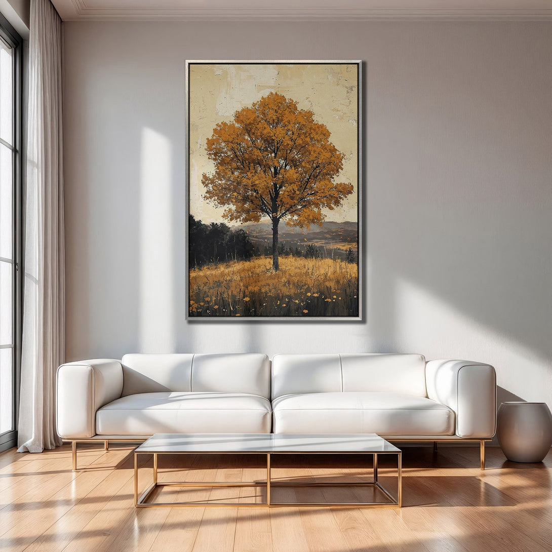 Framed Wall Art: Abstract tree landscape in warm autumn tones. Perfect for adding a touch of nature and style to your living room.