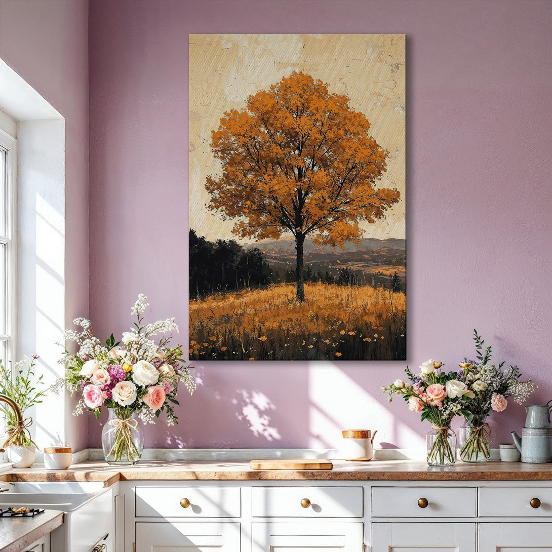 Framed Wall Art: Abstract tree painting in warm gold and brown tones. Perfect for adding a touch of nature and elegance to your living room decor.