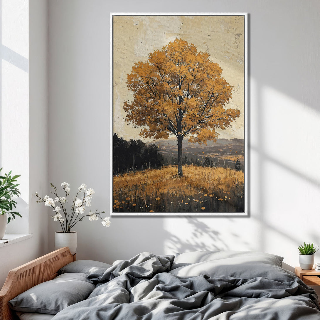 Framed Wall Art: Autumn tree landscape in warm gold and brown tones. Perfect for adding a touch of nature and cozy vibes to your bedroom decor.