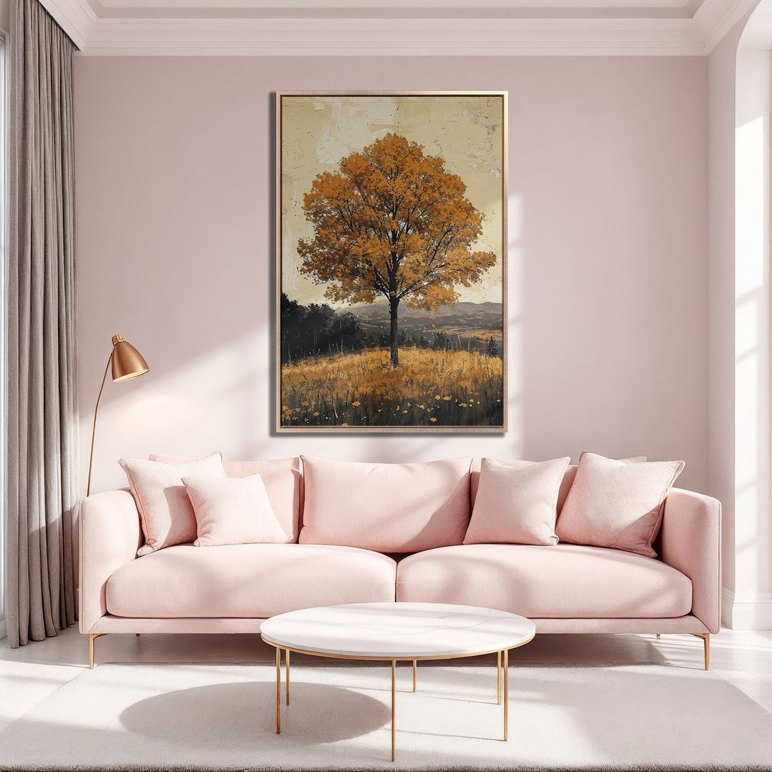 Framed Wall Art featuring a golden tree in a field, warm color palette. Perfect for adding a touch of nature to your home decor.
