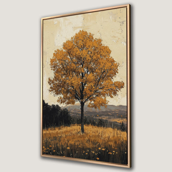 Framed Wall Art: Stunning autumn tree landscape canvas print with warm gold and earthy tones. Perfect for adding a touch of nature to your home decor.