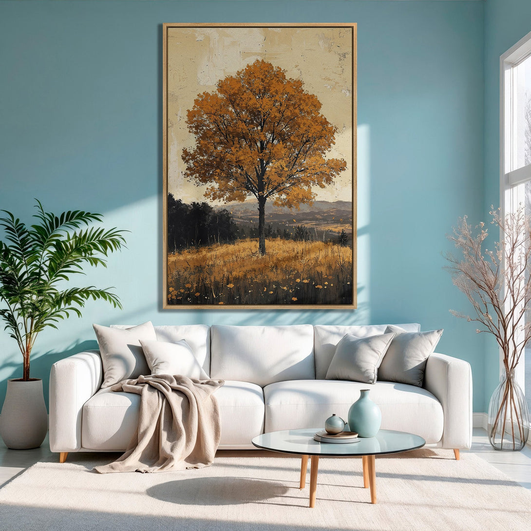 Framed Wall Art: Abstract tree landscape in warm autumnal tones. Perfect for adding a touch of nature to your living room decor.