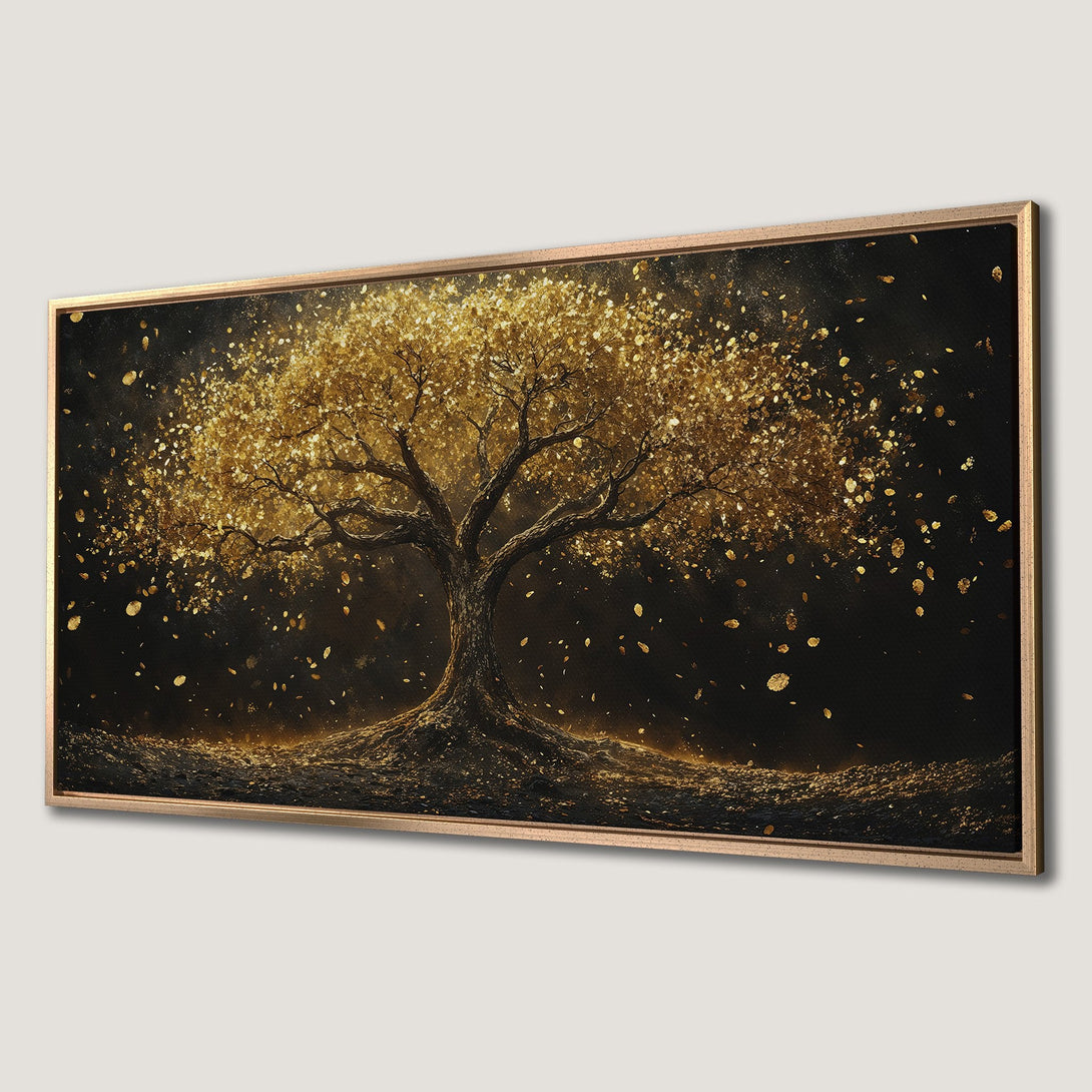Framed Wall Art: Golden tree canvas print. Elegant abstract art with gold and black color palette. Perfect for modern home decor.
