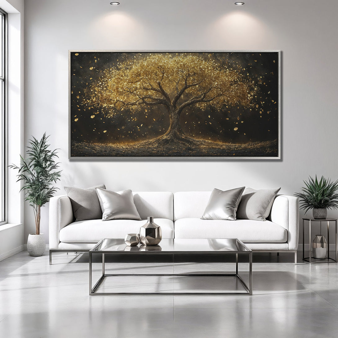 Framed Wall Art: Golden tree artwork with a dark background. Modern, elegant design with gold and black color palette, perfect for living room decor.