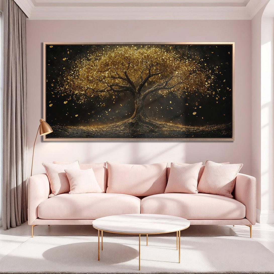Framed Wall Art of a golden tree on black background. Elegant, abstract style. Warm gold and black color palette. Perfect for living room decor.