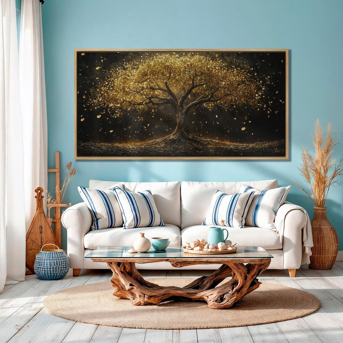 Framed Wall Art: Majestic golden tree canvas print, perfect for adding a touch of elegance and warmth to your living room. Featuring a dark, gold, and neutral color palette.