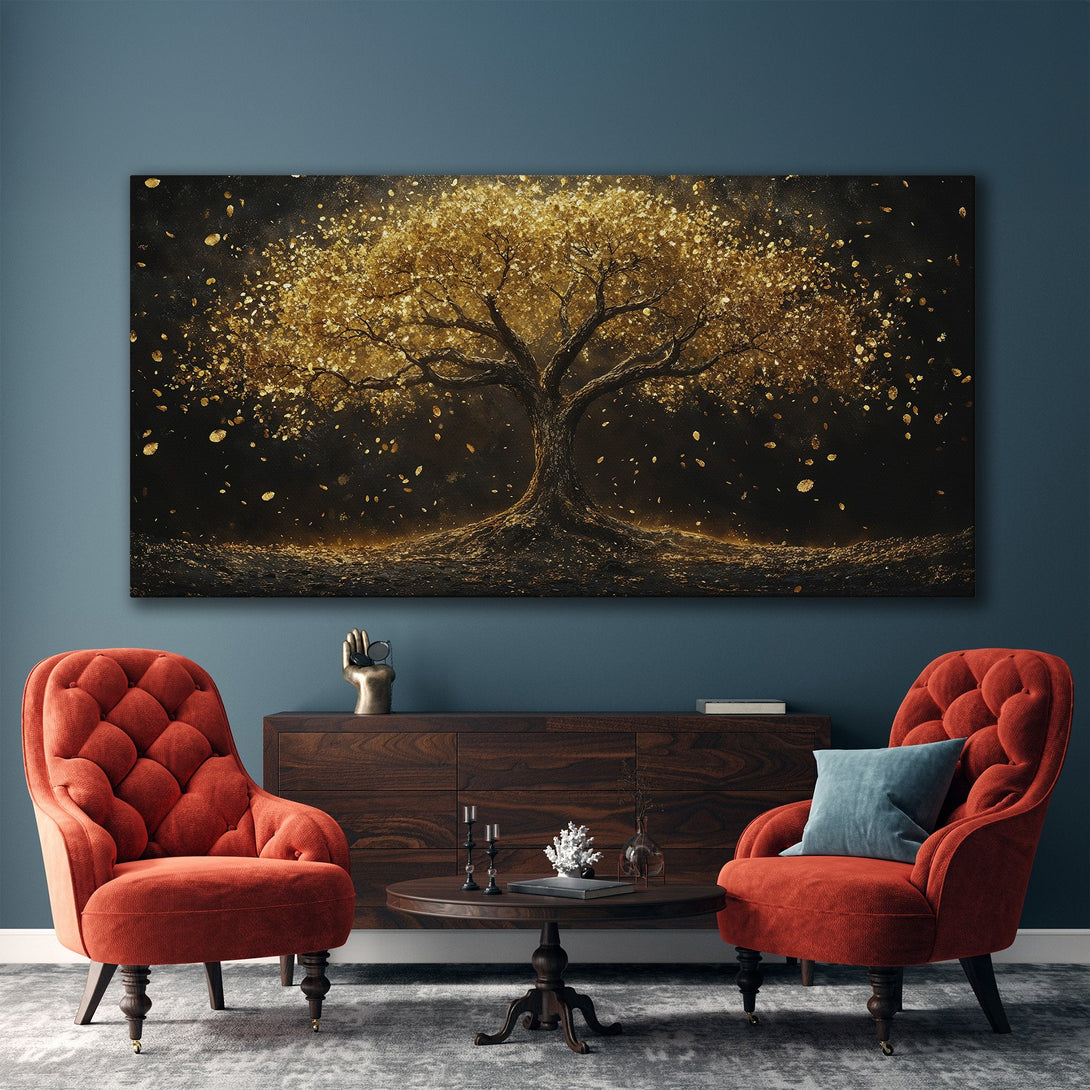 Framed Wall Art: Stunning gold tree art print, perfect for adding elegance. Features a black, gold, and neutral color palette, ideal for modern interiors.