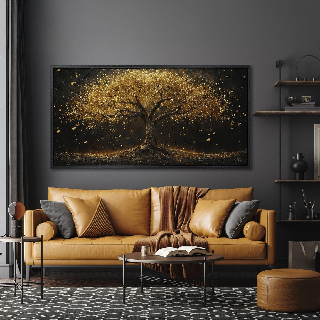 Framed Wall Art: Golden tree canvas print in a modern living room. Rich gold and black color palette, adding elegance and warmth to any space.