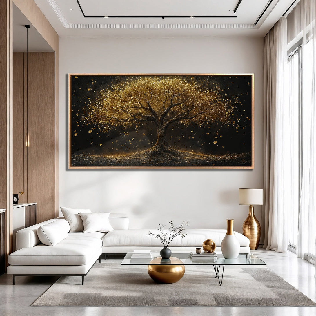 Framed Wall Art: Stunning gold tree art in a modern living room. Rich gold and black color palette, perfect for adding elegance to your space.