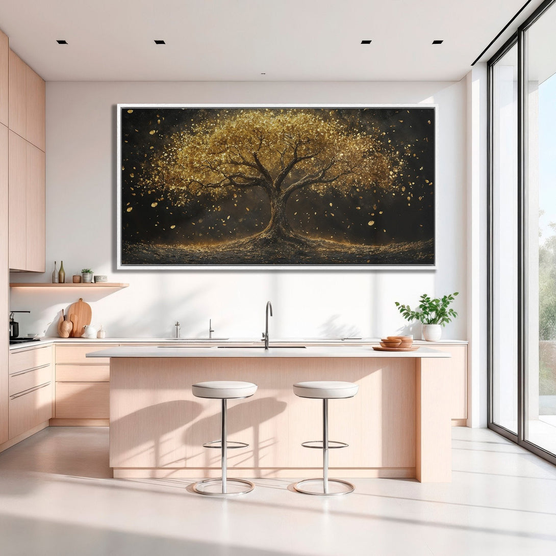 Framed Wall Art: Golden tree art print in a modern kitchen. Dramatic black and gold color palette, perfect for adding a touch of luxury.