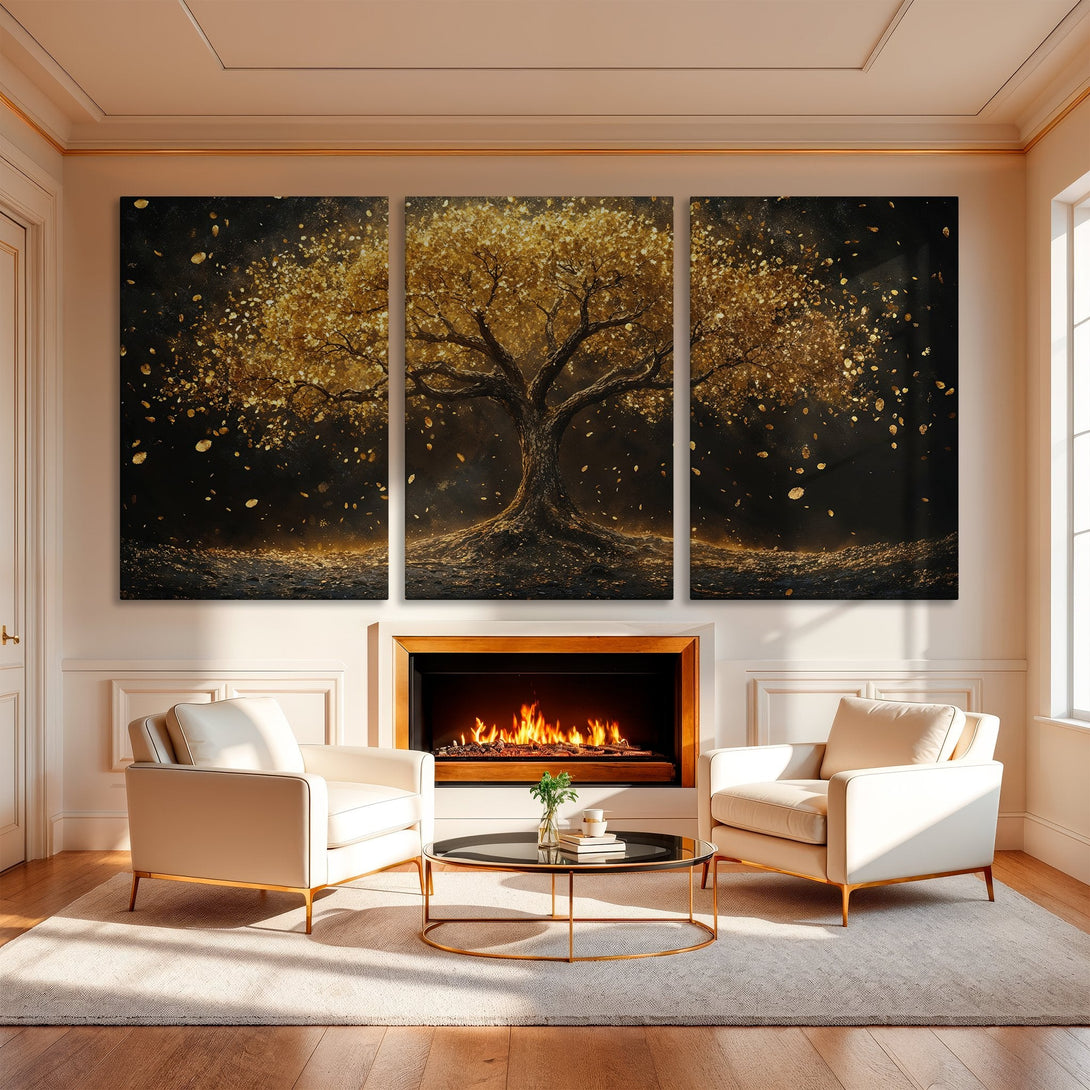 Canvas Print triptych featuring a golden tree against a dark backdrop. Elegant wall art with a warm, inviting color palette perfect for any home.