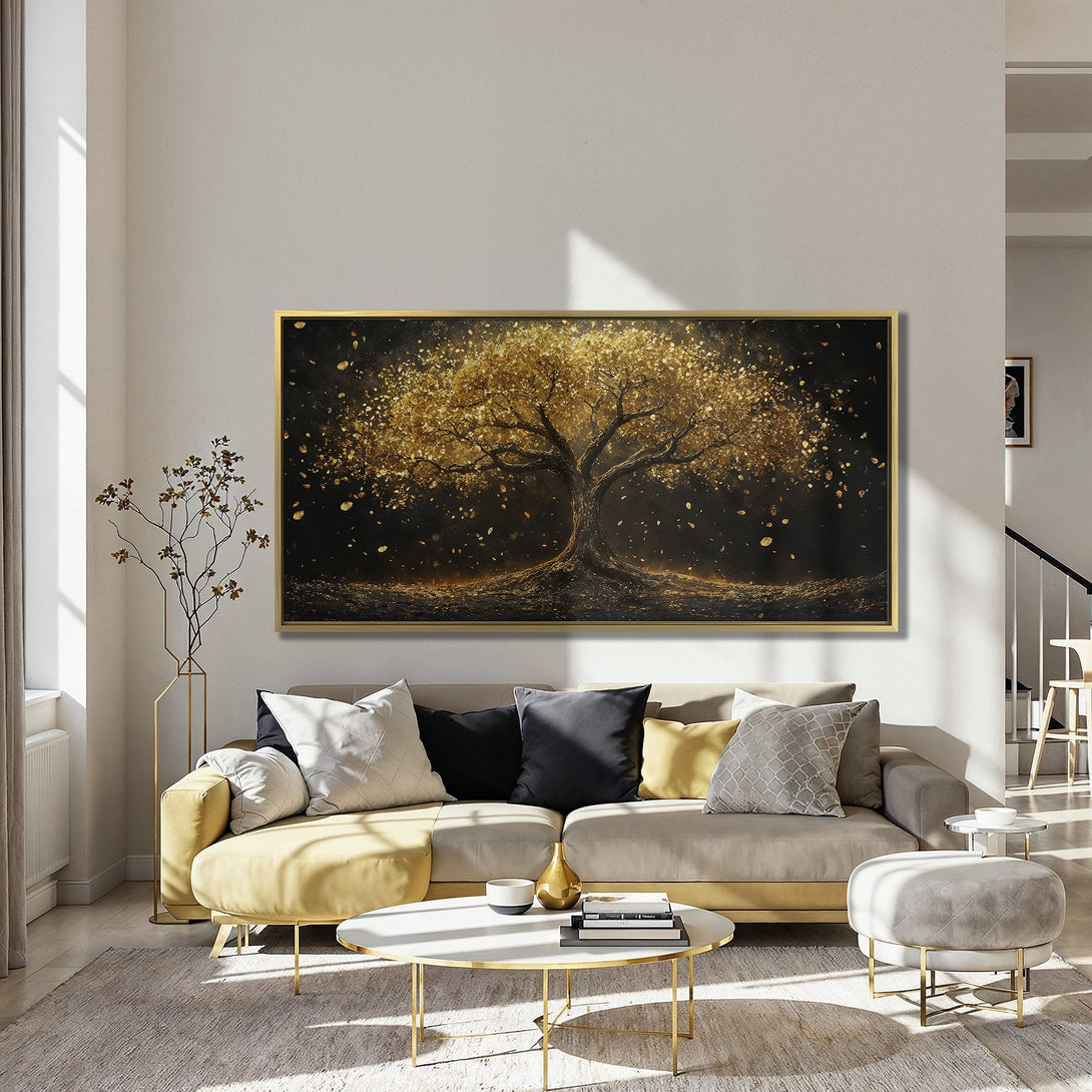 Canvas Print of a golden tree artwork. Dramatic, modern style with a black and gold color palette. Perfect for elegant home decor.
