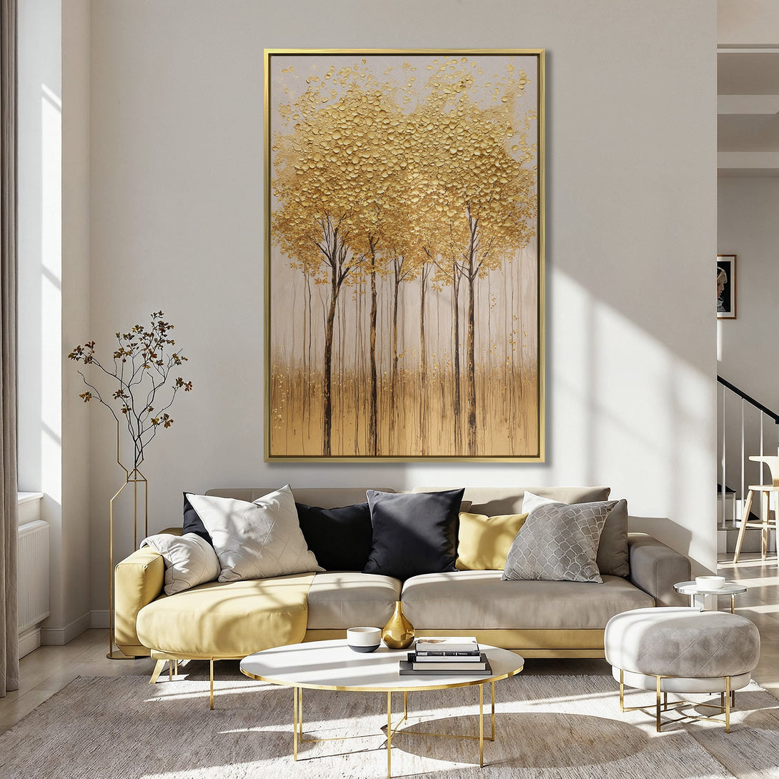 Canvas Print of golden trees in a modern style, displayed in a kitchen with a soft pink and gold color palette. Enhance your home decor!