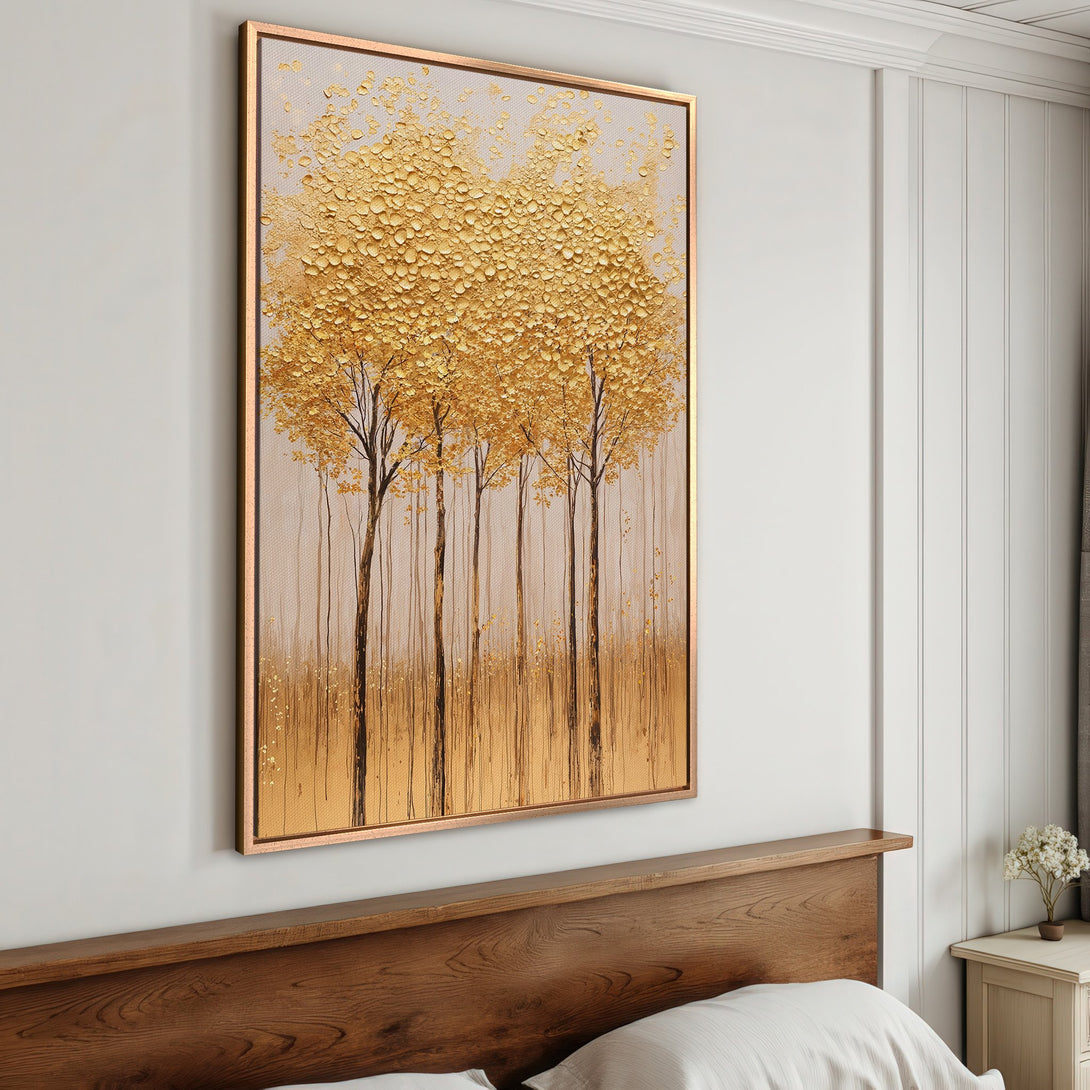 Framed Wall Art featuring gold textured trees in a neutral palette. Perfect for adding elegance and warmth to your bedroom decor. Shop now!