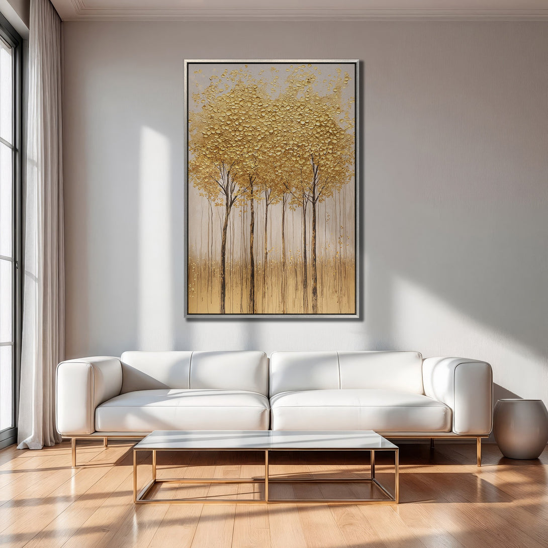 Framed Wall Art: Abstract gold trees canvas print in a modern interior. Warm neutral color palette, perfect for living room decor.