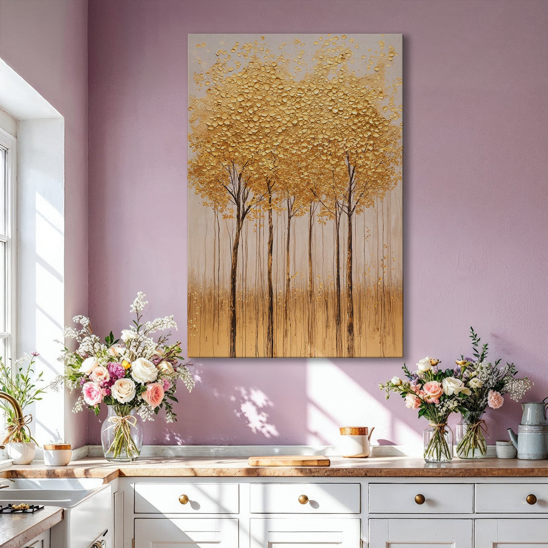 Framed Wall Art: Abstract gold tree painting in a modern living room. Warm neutral color palette with gold accents, perfect for home decor.