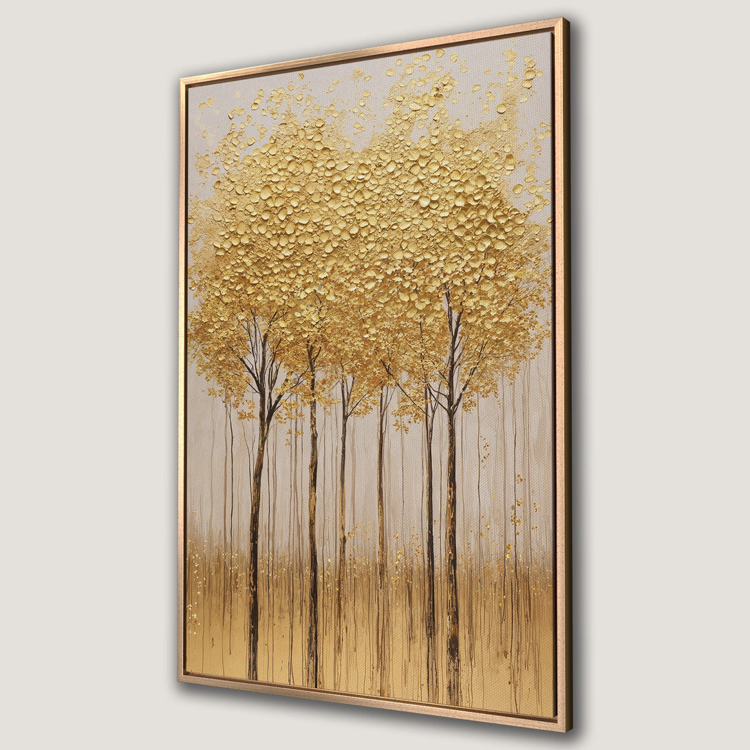 Framed Wall Art featuring a gold textured tree painting. Modern abstract art in a neutral color palette, perfect for adding elegance to your home decor.
