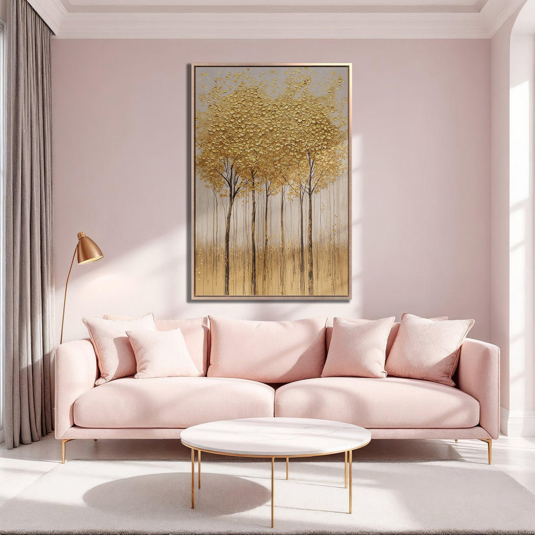 Framed Wall Art featuring gold textured trees in a modern interior. Soft pink and gold color palette creates a luxurious and calming atmosphere.