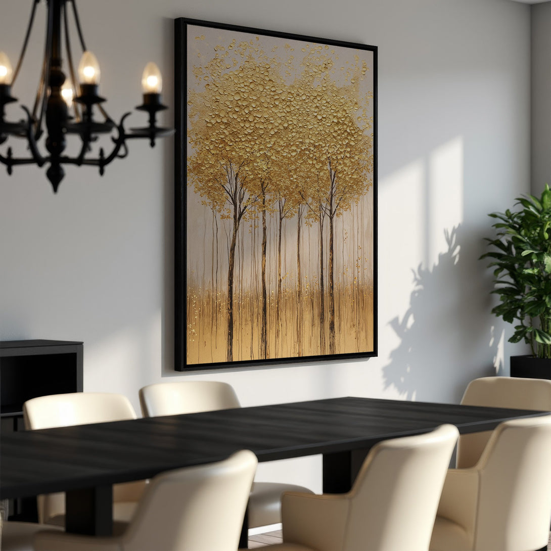 Framed Wall Art: Abstract gold tree art canvas print, adding a touch of elegance to any dining room. Warm, neutral color palette.