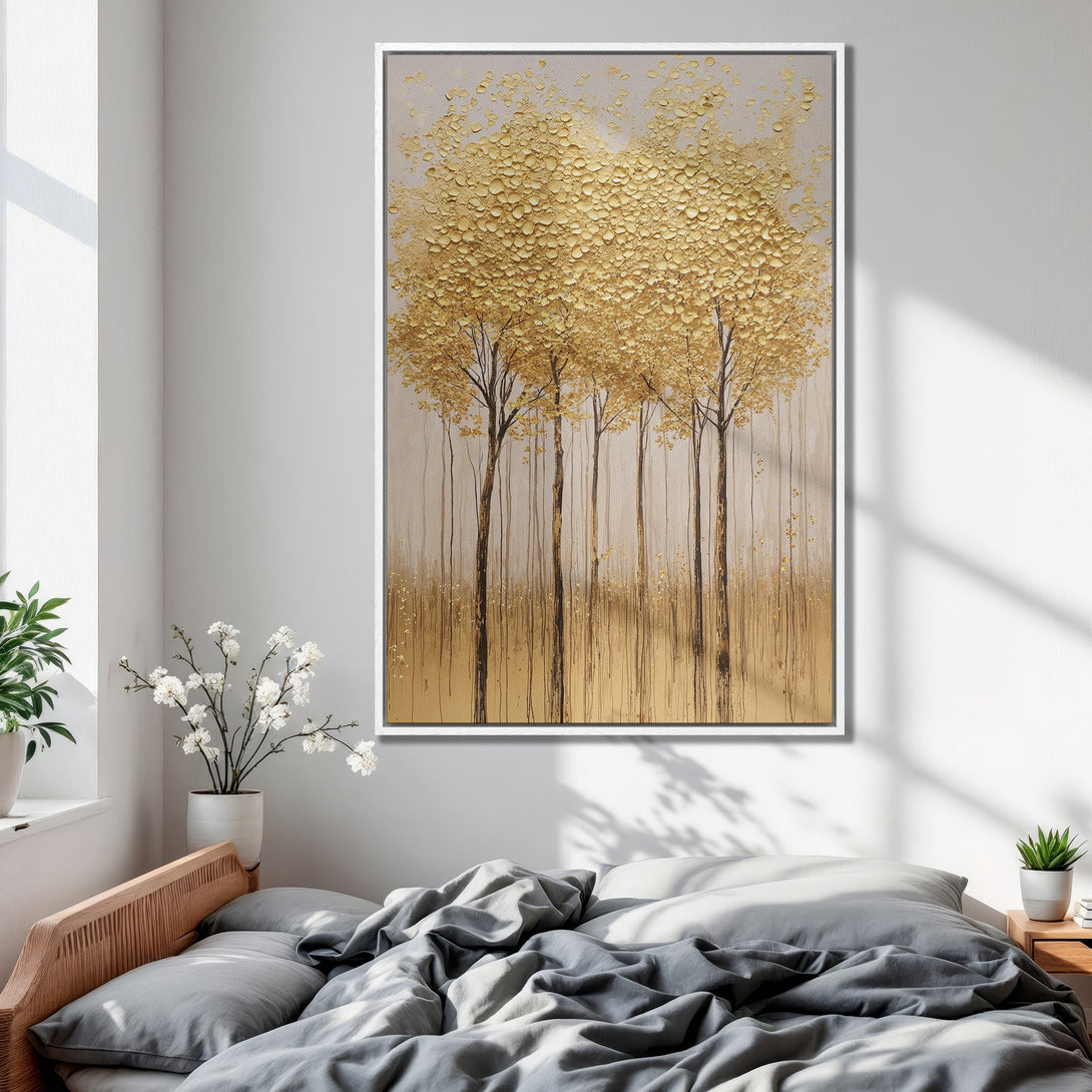 Framed Wall Art of gold textured trees in a bedroom. Neutral color palette, perfect for modern or minimalist decor. Add elegance to your space!