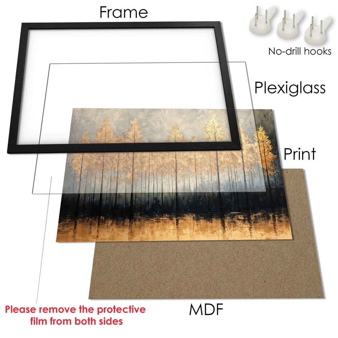 Framed Poster featuring a serene landscape art print with gold and black tones. Enhance your decor with this beautiful Poster!