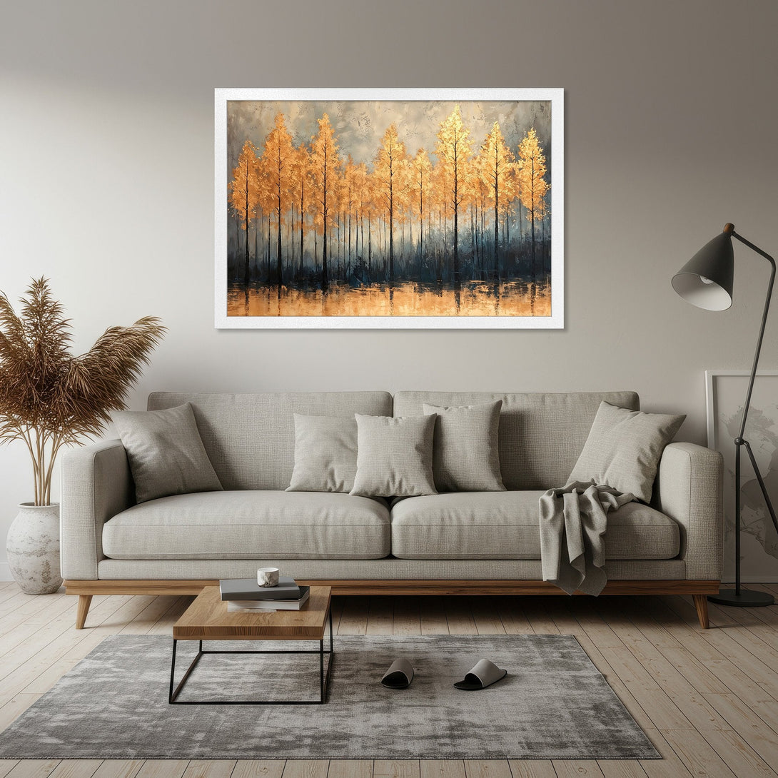 Framed Poster featuring abstract golden trees, modern style, with a warm, earthy color palette. Perfect wall art for your home!