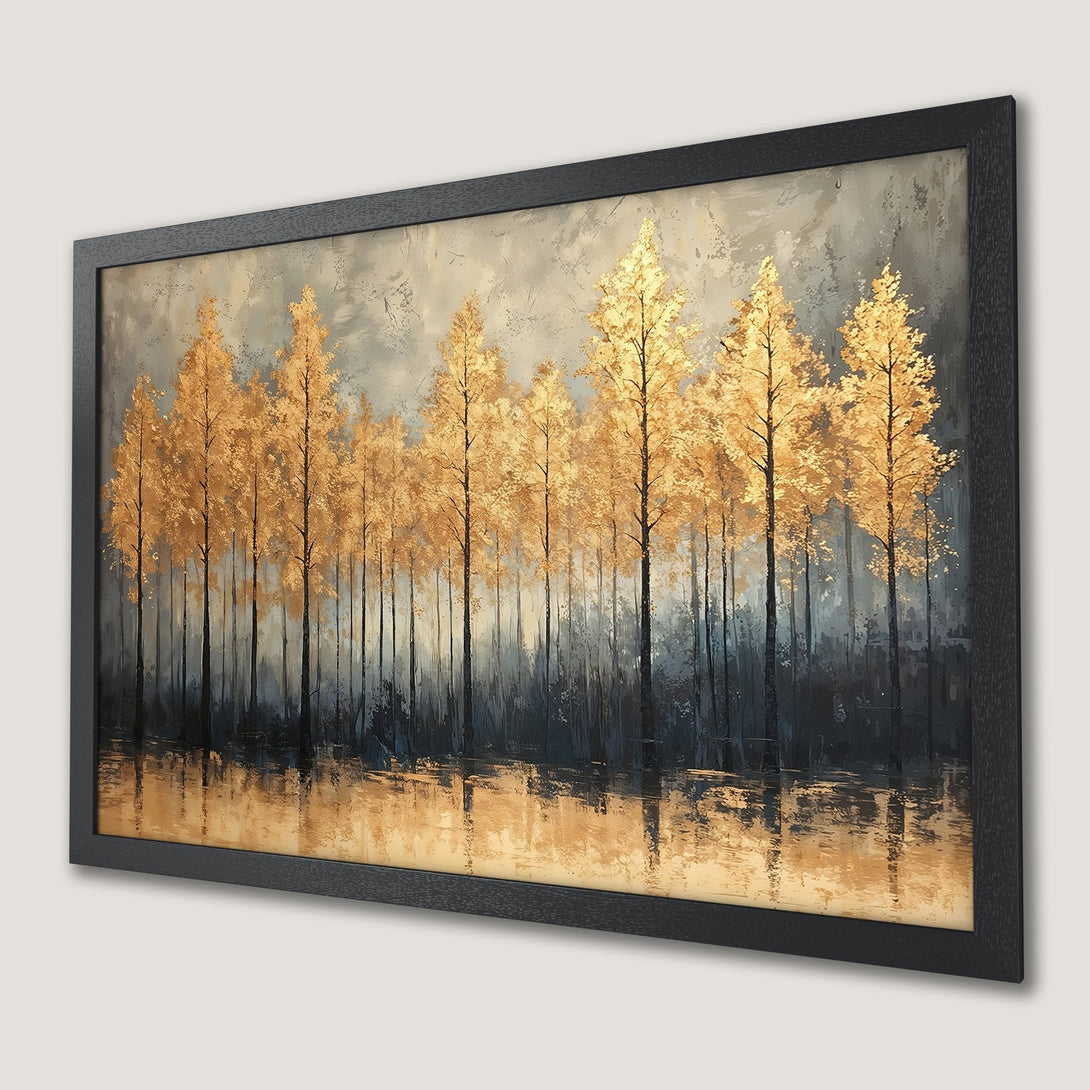 Framed Poster featuring golden trees in an abstract style, with a moody blue and gold color palette, perfect for home decor.