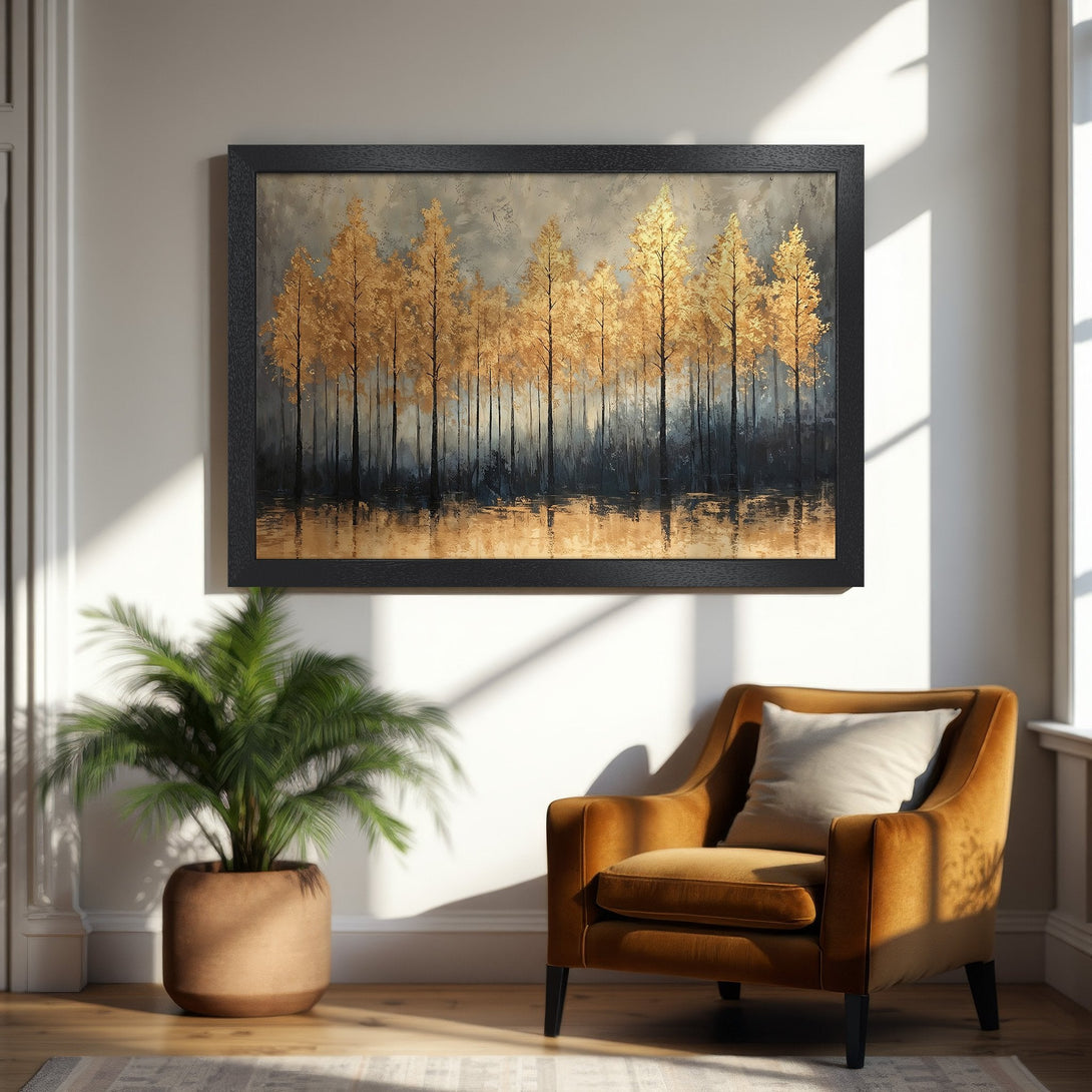 Framed Poster of golden trees in a moody, abstract style. Earthy tones and dark frame create a sophisticated wall art piece.