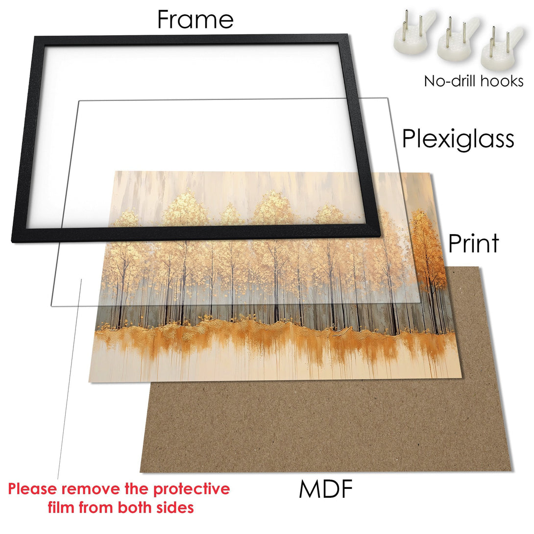 Framed Poster of a golden forest landscape. Modern art style with a warm, neutral color palette. Ready to hang!