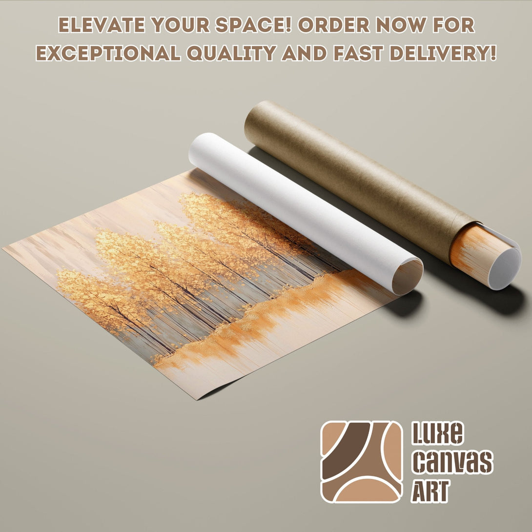 Poster Roll featuring a gold forest landscape art print. Neutral color palette. Elevate your space!