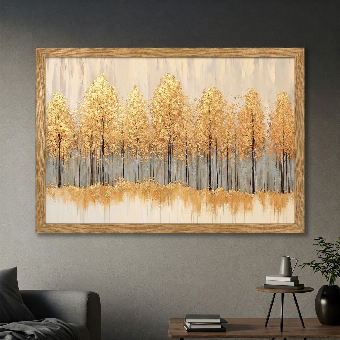 Framed Poster featuring a golden forest artwork, abstract style with a warm, neutral color palette. Perfect wall decor!