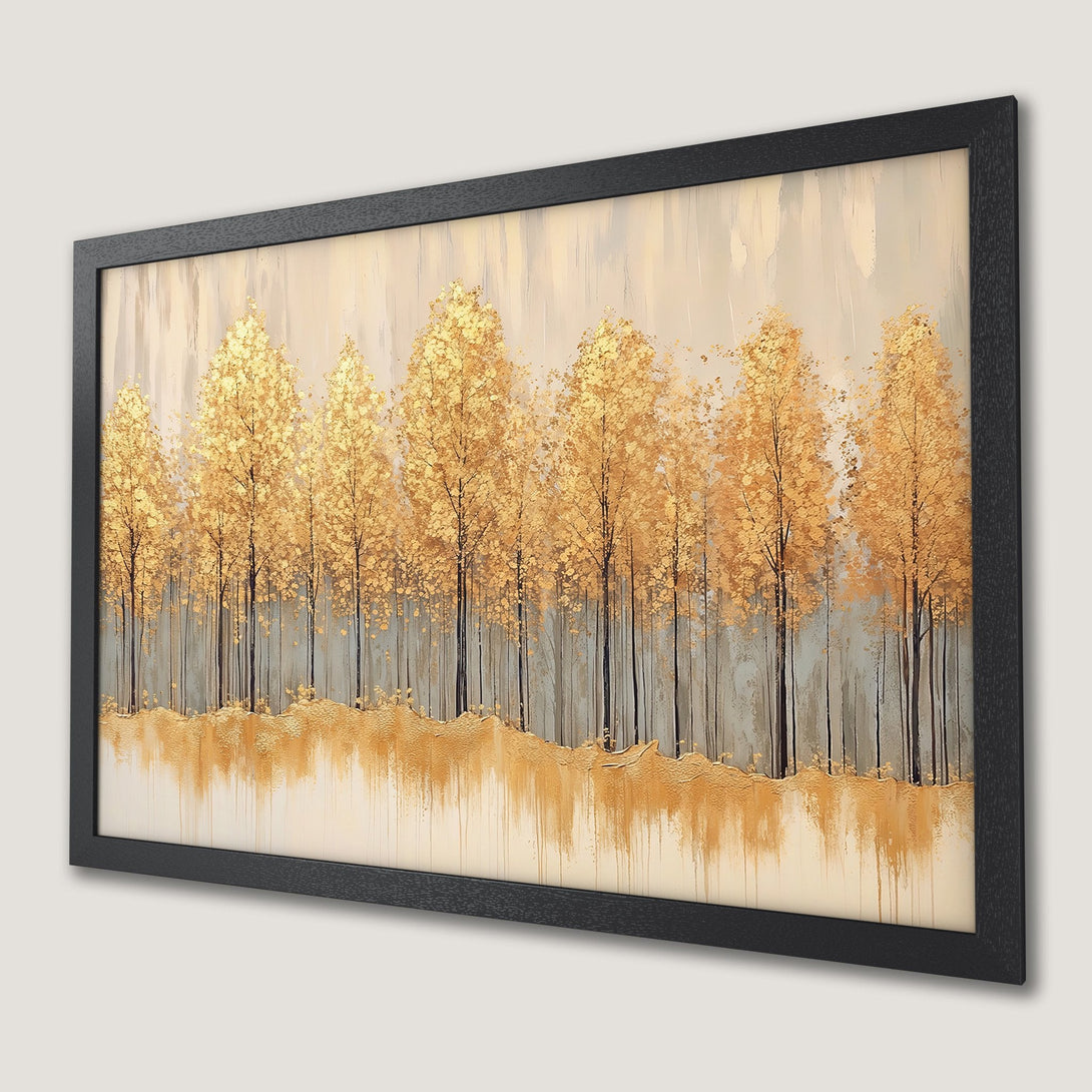 Framed Poster featuring a golden forest painting. Elegant art with a neutral color palette, perfect wall decor.