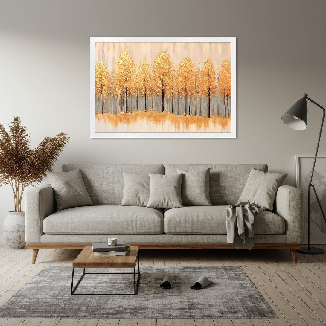 Framed Poster featuring golden trees in an abstract style. Warm, neutral color palette perfect for home decor.