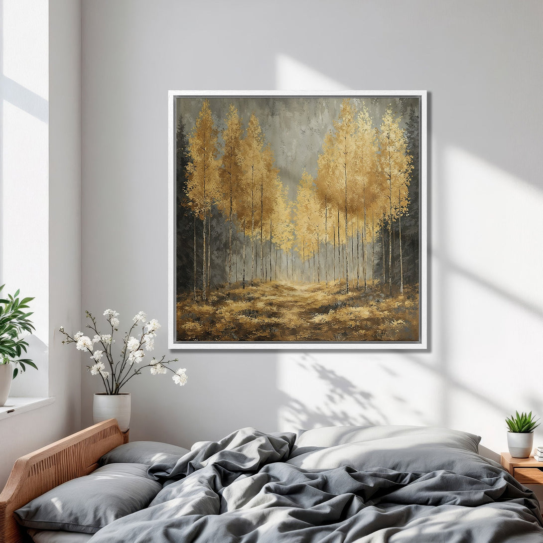 Framed Wall Art of golden trees in a serene forest scene. Neutral gray and gold color palette, perfect for bedroom decor. Add a touch of nature!
