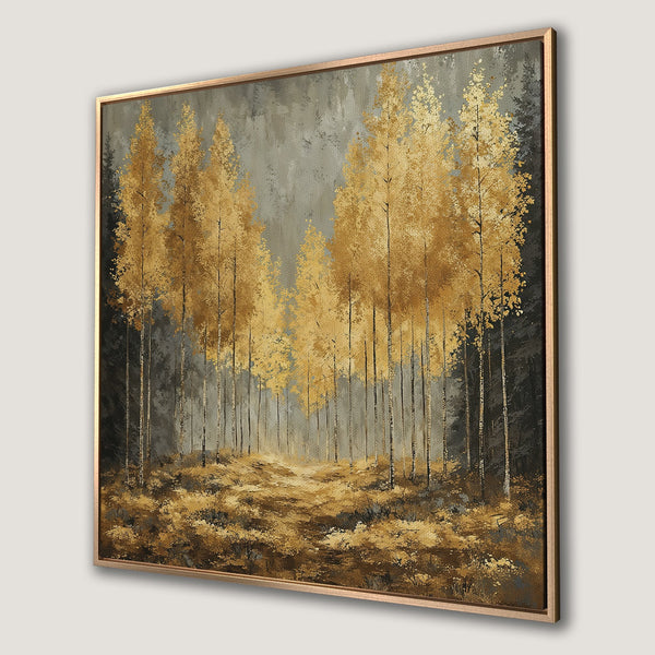 Framed Wall Art: Golden forest scene in a modern style. Earthy tones of gold, brown, and gray create a warm, inviting atmosphere. Perfect for any room.