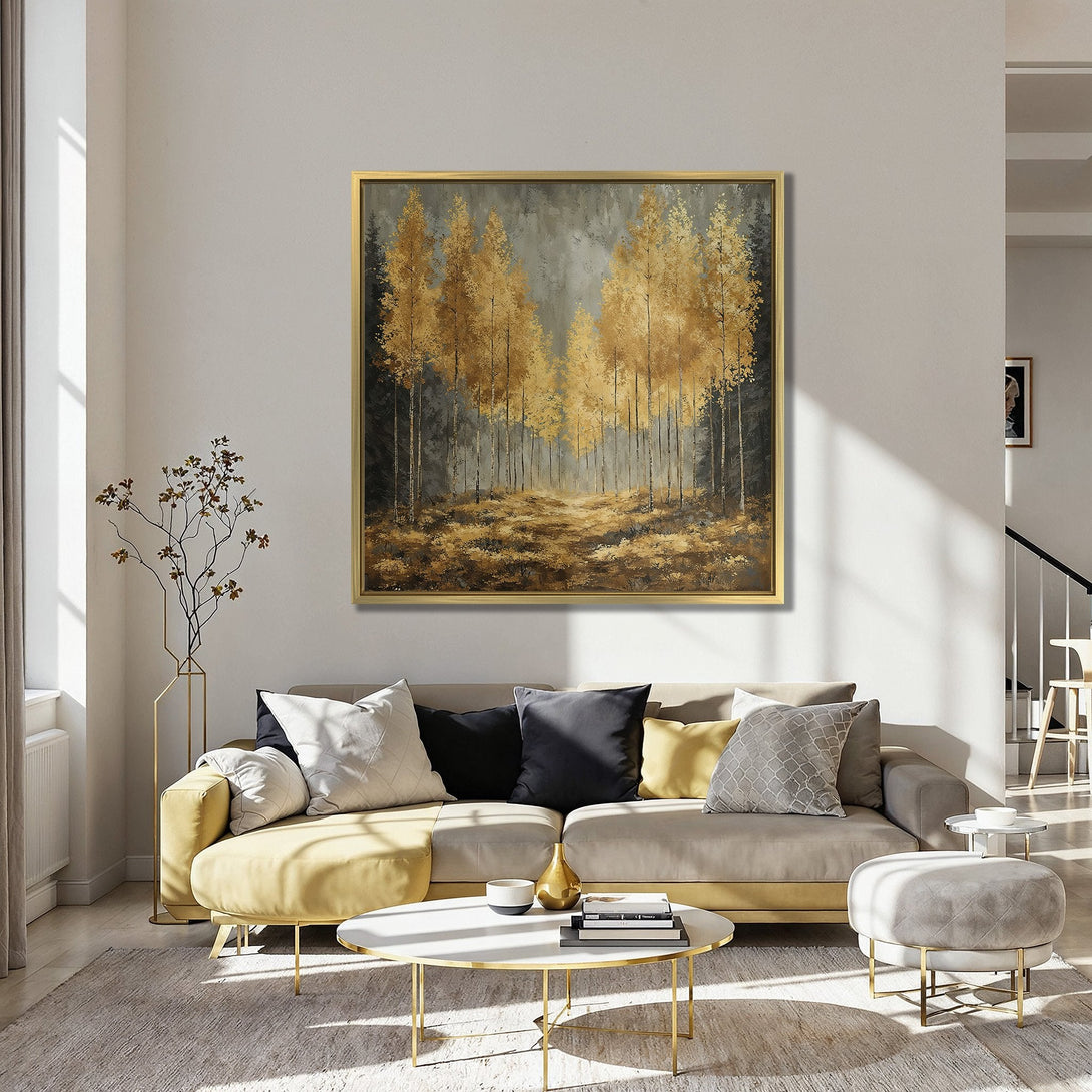 Canvas Print of a golden forest scene, perfect for adding warmth and style to your home. Features a natural, earthy color palette.