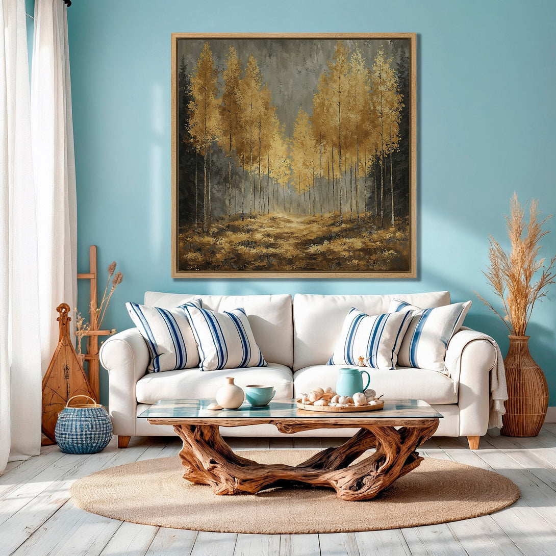 Framed Wall Art featuring a golden forest scene. Warm, inviting color palette with gold, gray, and brown tones. Perfect for adding a touch of nature to your space.