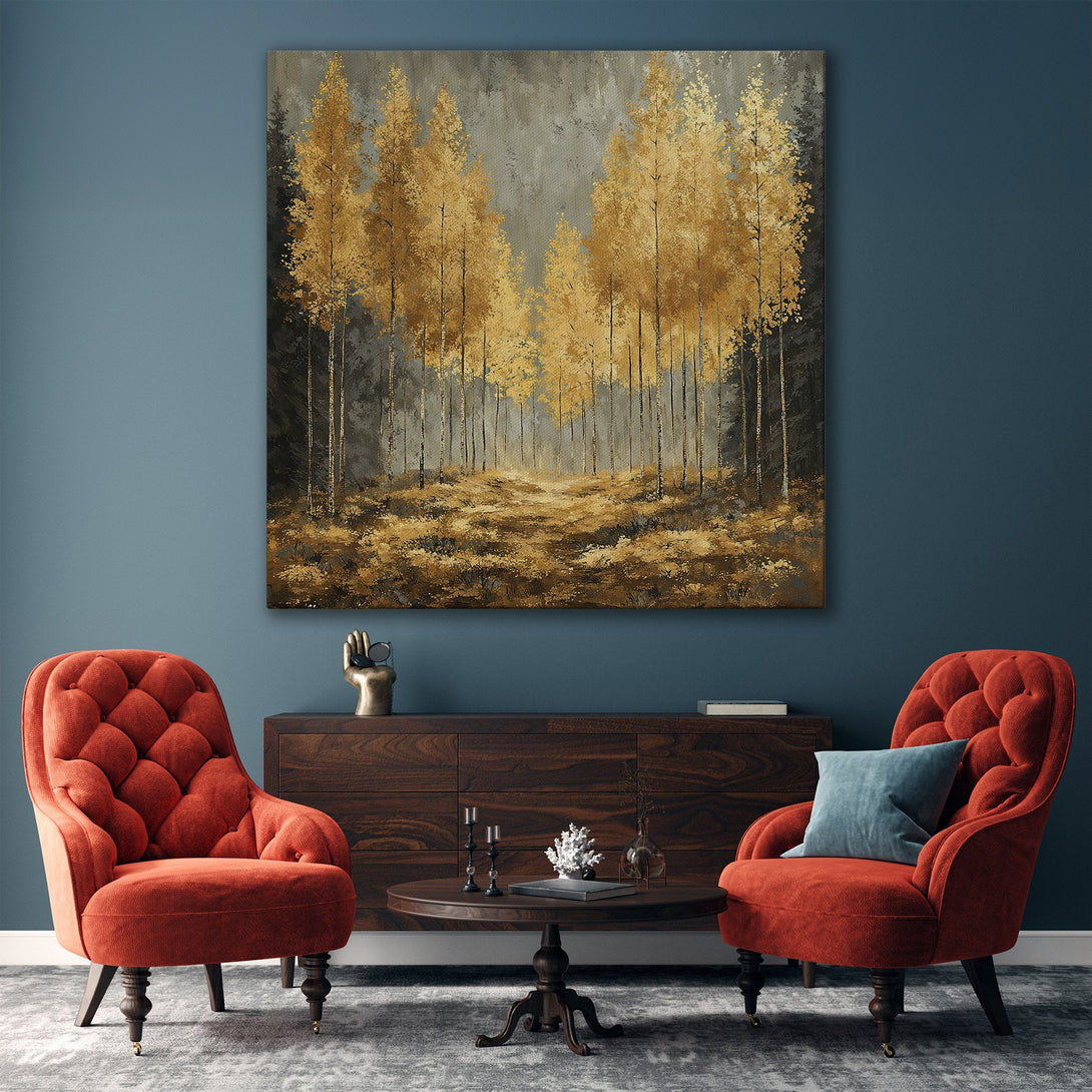 Framed Wall Art: Golden forest scene canvas print in a modern interior. Features a warm color palette of gold, gray, and brown, perfect for living room decor.