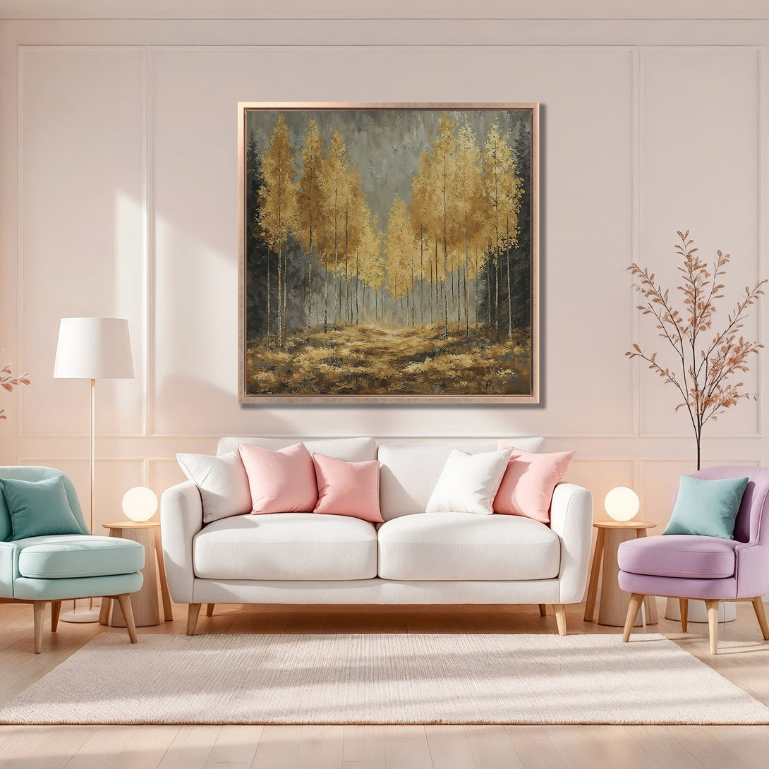 Framed Wall Art: Golden forest scene in a modern interior. Warm color palette with gold, gray, and black tones. Add a touch of elegance to your home!