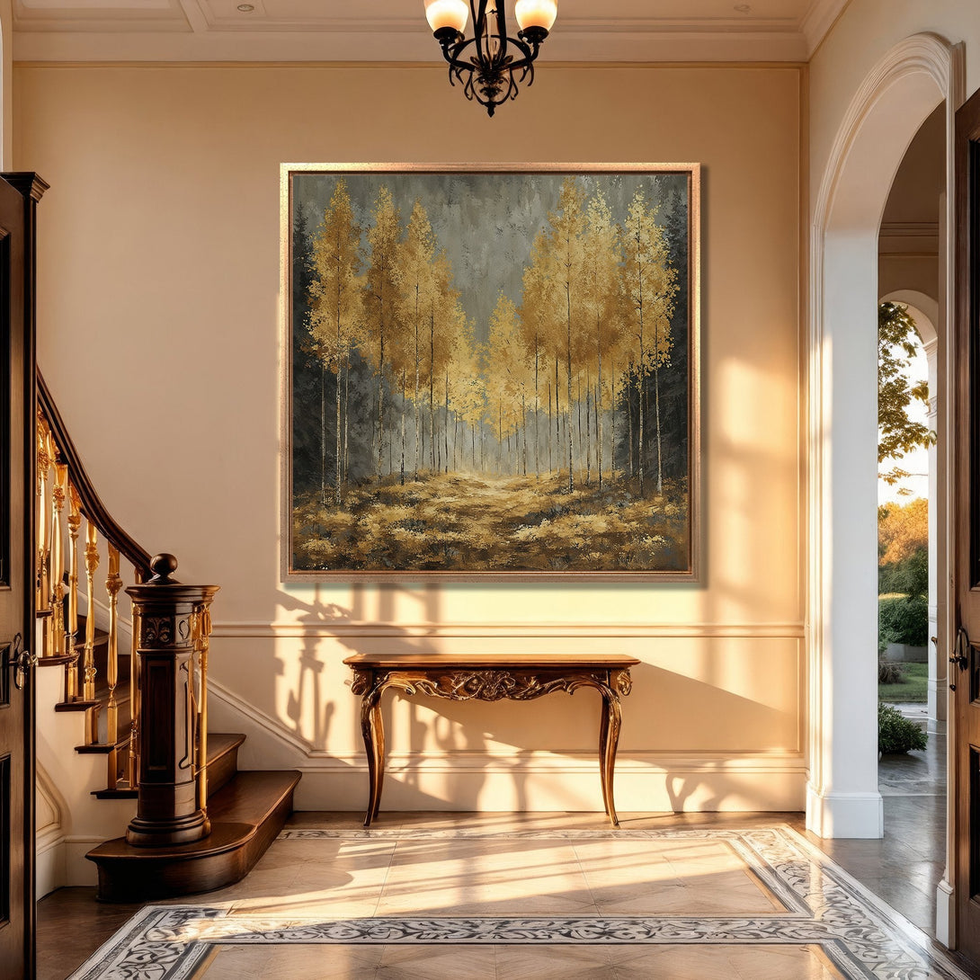 Framed Wall Art: Golden forest scene in a luxurious interior. Warm gold and gray tones create an elegant and inviting ambiance. Perfect for home decor.