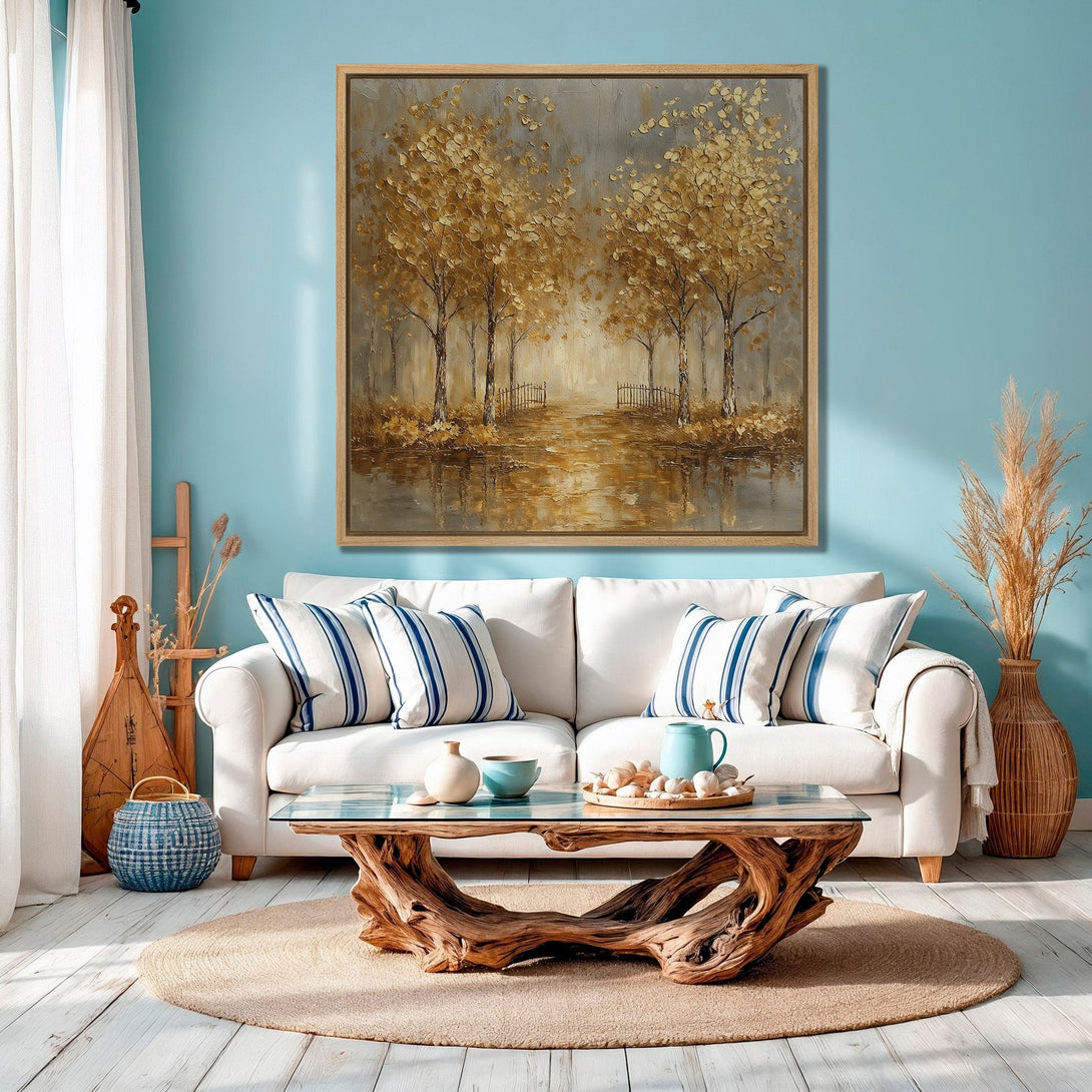 Framed Wall Art featuring a serene landscape painting in gold and gray tones. Adds a touch of elegance to any living room. Shop Canvas Prints today!