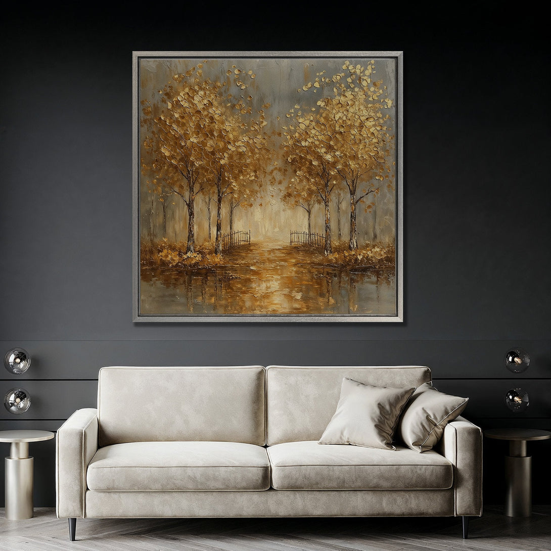 Framed Wall Art featuring a golden autumn landscape painting. Warm, earthy tones create a serene ambiance. Perfect for living room decor.