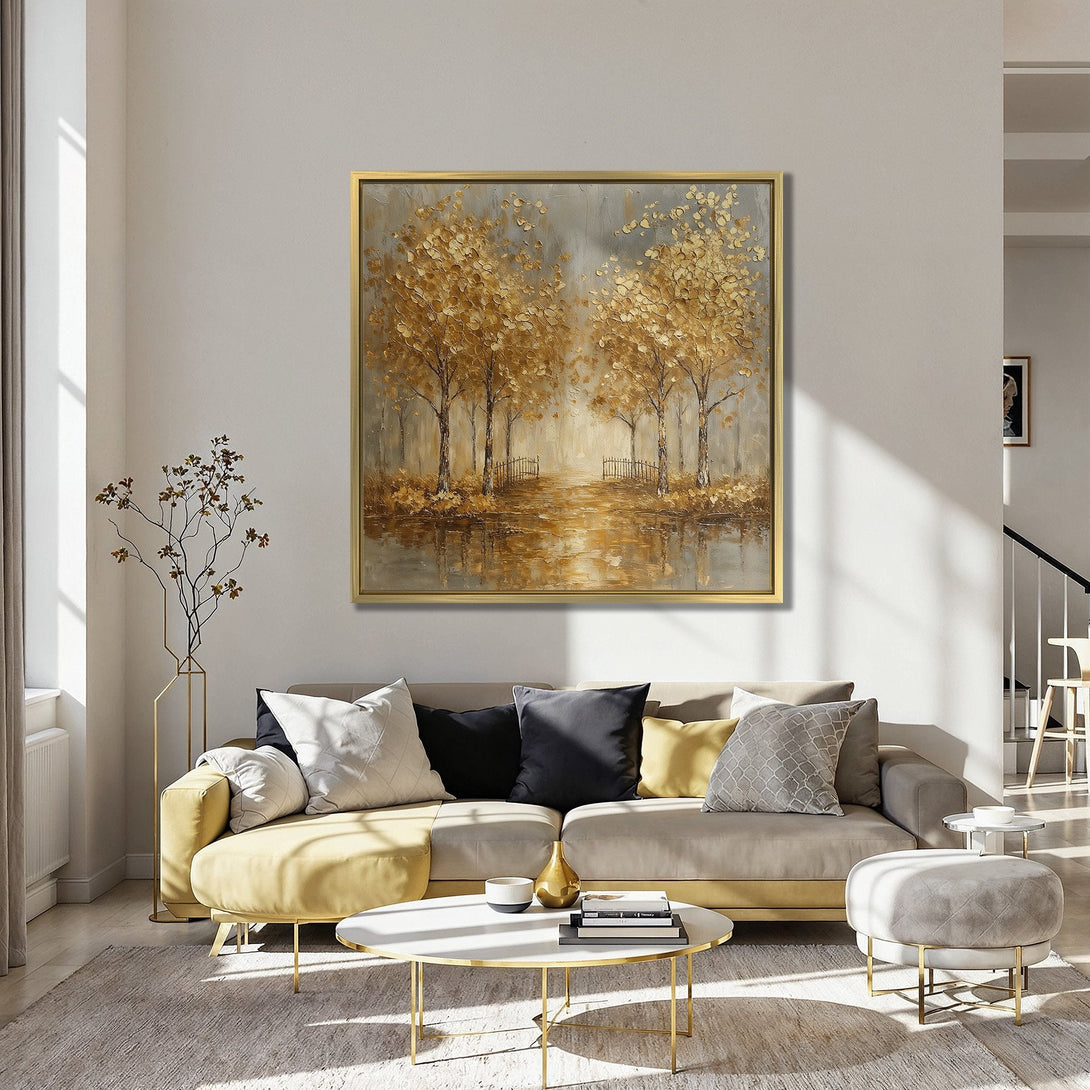 Canvas Print of a golden forest landscape painting, perfect for adding warmth and elegance to any room. Features a neutral, warm color palette.
