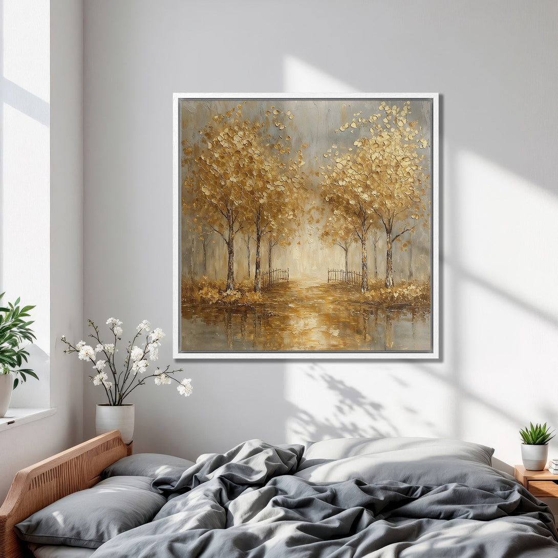 Framed Wall Art: Stunning golden trees landscape painting. Enhance your space with this elegant artwork, featuring a warm, neutral color palette. Perfect for bedroom decor!